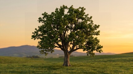 Obraz premium Lone Green Tree Nature Landscape Sunset Scene
