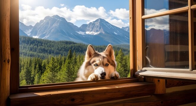Beautiful dog looking out window at scenic mountain landscape view