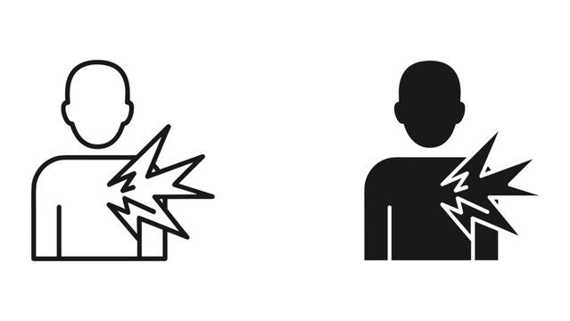 Two black and white icons depicting a person with a pain or shock in their upper body area