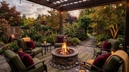 Fototapeta premium Cozy backyard patio with a stone fire pit and comfortable seating at dusk