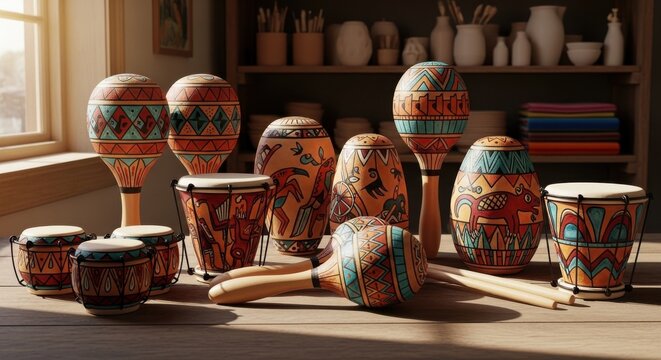 Collection of Vibrantly Hand-Painted Ceramic Percussion Instruments and Drums Displayed in an Artisan Studio