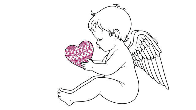 Sweet baby angel sits down with small wings while carefully holding a heart decorated with intricate patterns for coloring.