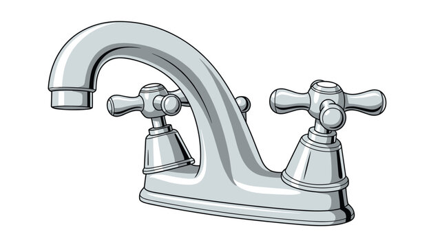 Shiny chrome-plated bathroom or kitchen sink water faucet with dual cross-handle controls over a white background.