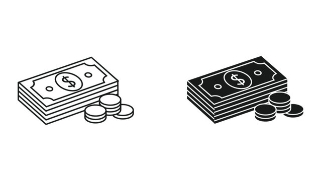 Vector illustration of black and white money icons with dollar bills and coins on a white background
