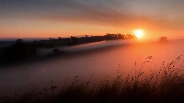 Time lapse static shot of fog rolling over grassy hillside with sun rising through trees at dawn in countryside