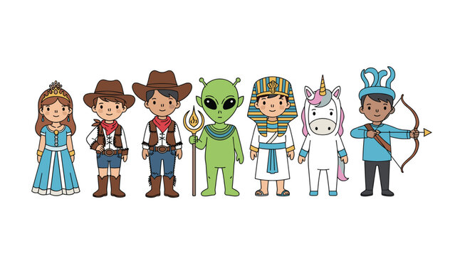 Diverse group of seven children dressed in various creative costumes including a princess, cowboys, an alien, an Egyptian, and a unicorn.