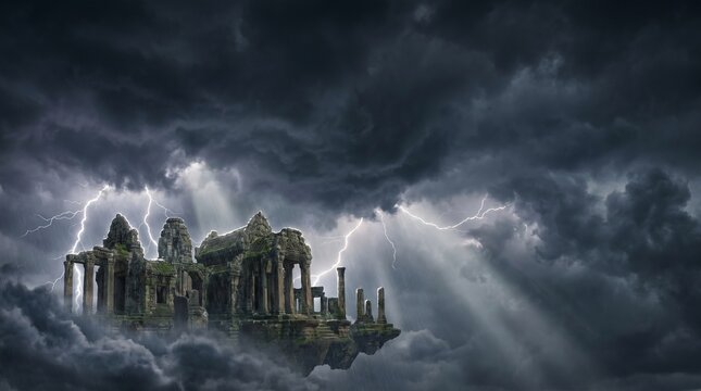 Giant Levitating Ancient Ruins in Storm Clouds