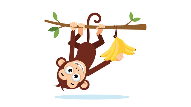 Playful brown monkey character hanging upside down from a tree branch while holding a bunch of yellow bananas in a tropical forest setting.