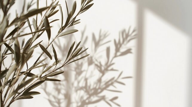minimalist aesthetic shadow of olive leaves on white textured wall background