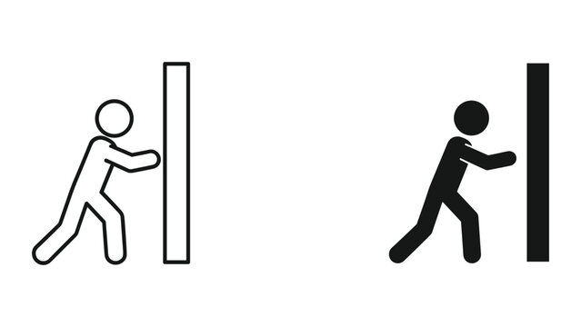 Two stick figures pushing on opposite sides of doors in black and white isolated on white background