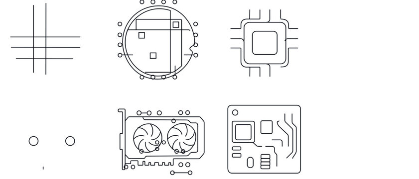 Vector Icon Set of 4 Minimalist Line Art Icons for AI Hardware and Machine Learning Technology featuring a Silicon Wafer, CPU Processor, Graphics Card GPU, and Integrated Circuit Board Design