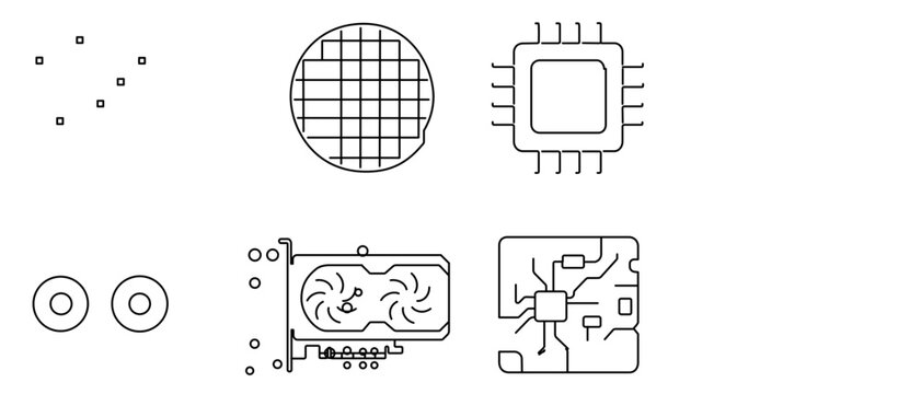 Vector icon set of 4 minimalist line art icons featuring a silicon wafer, CPU processor, graphics card GPU, and circuit board, perfect for and computer hardware concepts.