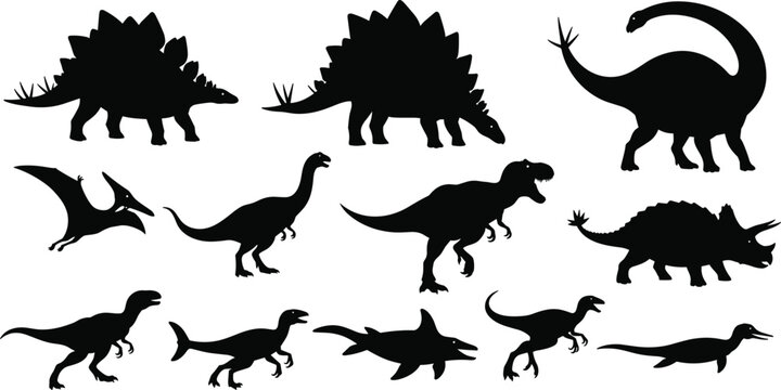 Dinosaur silhouettes vector set, T rex stegosaurus and brachiosaurus collection, prehistoric animals black isolated illustration