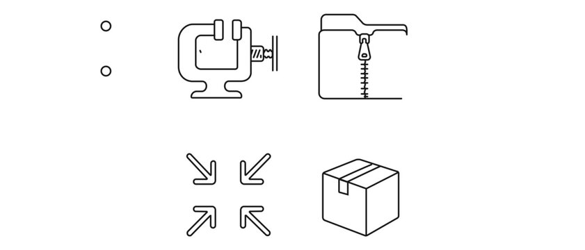 Vector icon set collection of 4 minimalist line icons for AI model compression and data optimization, featuring a vice grip clamp, zipped folder, shrinking arrows, and a compact storage box.