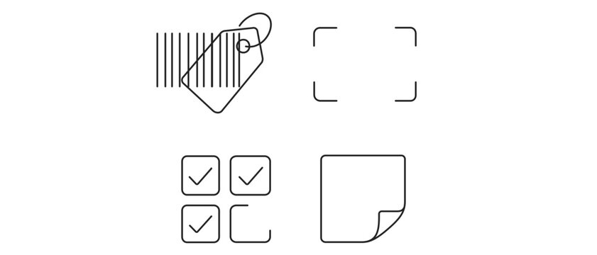 Professional vector icon set collection of 4 icons for data labeling and machine learning featuring a price tag, barcode scanner, checkbox selection grid, and a sticky note document symbol.