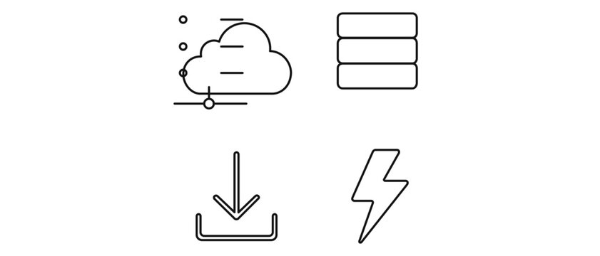 Four-icon thin-stroke outline vector set for cloud infrastructure and digital power: a rounded cloud shape, server rack with drives, a downward transfer arrow, and a lightning bolt representing fast