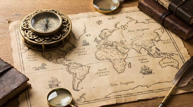 Vintage world map with compass, magnifying glass, and old books.