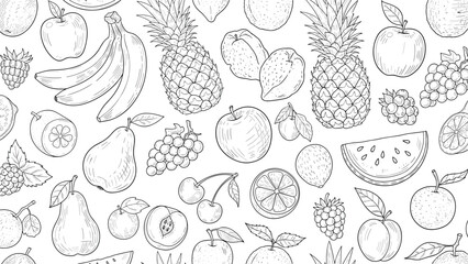 Fototapeta premium Detailed black and white line art pattern featuring a variety of healthy fruits like banana pineapple apple and grapes.