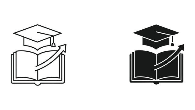 Graduation cap on open book with arrow symbolizing education growth and learning on white background