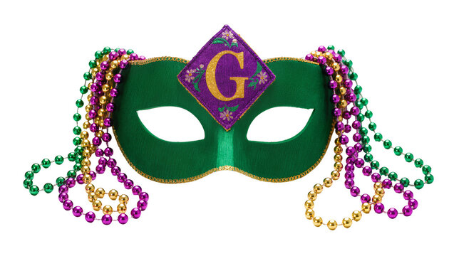 Green Mardi Gras Mask with Gold Letter G and Colorful Beads