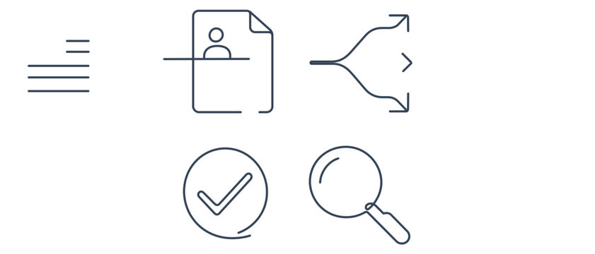 Professional vector icon set of 4 minimalist line icons for business operations and HR services featuring a resume document, diverging sorting arrows, a checkmark for approval and a magnifying glass