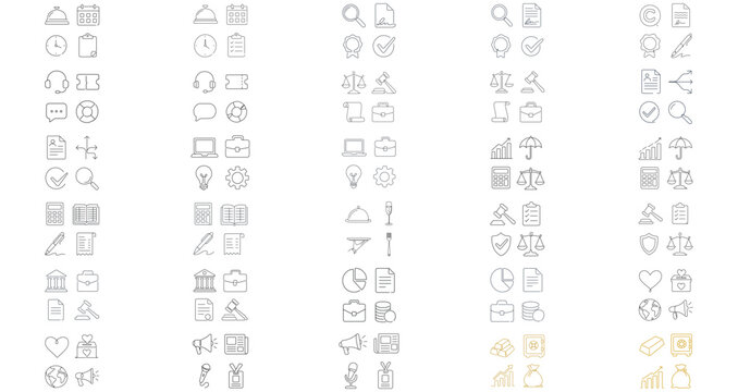 Mega Vector Icon Set of 120 Business Operations and Professional Services Icons. Bundle features Legal, Finance, HR, IT Consulting, Customer Support, Accounting, and Nonprofit minimalist line art.