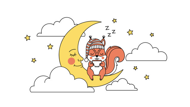 Little squirrel wearing a striped nightcap sits on a crescent moon among the stars while holding a warm cup.