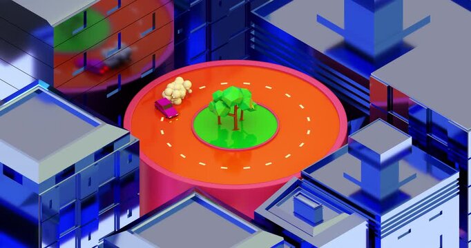 Colorful stylized city scene with a circular road and trees in the center viewed from above.