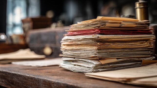 Stack of aged paper documents and files on a wooden desk