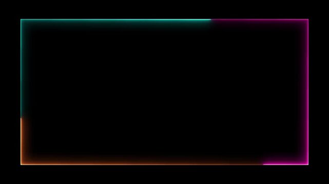 Neon rectangle border animation, colorful glowing frame on black background