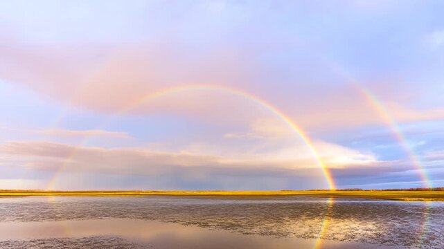 Panning shot revealing double rainbow arching over tidal mudflat with reflective shallow water at sunset golden hour
