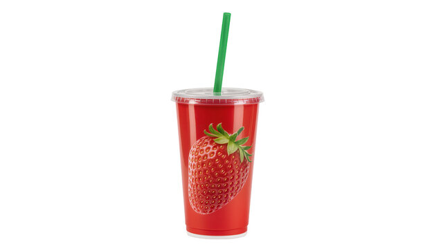 Red plastic cup with strawberry print and green straw