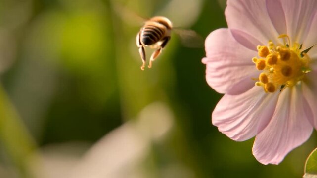 Slow motion tracking close up of bee hovering and landing on pink flower blossom in garden meadow during warm morning sunlight