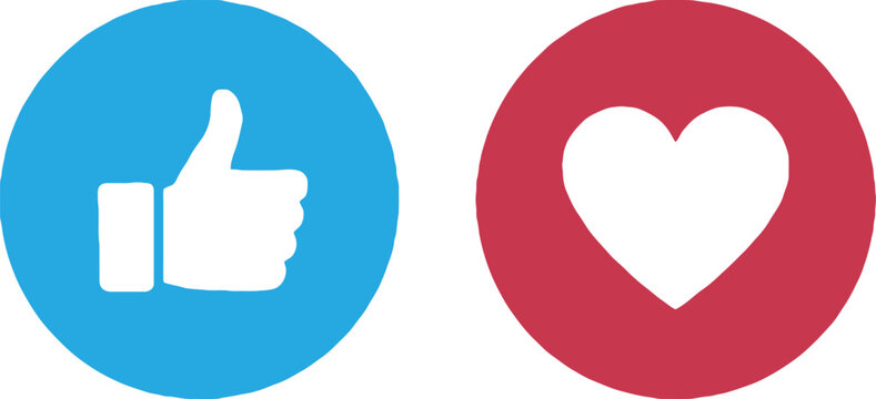 Social media like and heart reaction icons in blue and red circles.