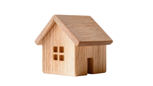 Wooden toy house with gable roof and small window