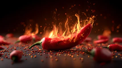 Keuken achterwand Hete pepers Red chilli pepper engulfed in realistic flames, surrounded by many smaller peppers  © Davy