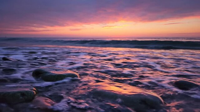Vibrant hue shimmer on glistening pebble while gentle ocean ripple wash over the coastal beach during a tranquil dusk, showcasing natural elegance in high resolution video footage.