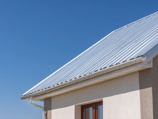 Obraz premium Modern home with white corrugated metal roof against bright blue sky