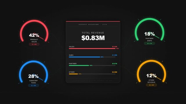 Futuristic dark mode financial dashboard interface with colorful radial gauge chart.
