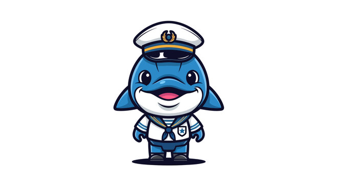Cute cartoon dolphin sailor character, wearing a captain hat and navy uniform, smiling