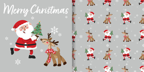 Christmas Santa Claus and reindeer banner with seamless pattern set. Cute santa holding Christmas tree and reindeer with red scarf illustration. © NiiNew