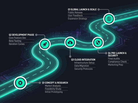 A futuristic roadmap illustration depicts a winding road with labeled stages of product development and launch on a dark background with neon green accents.