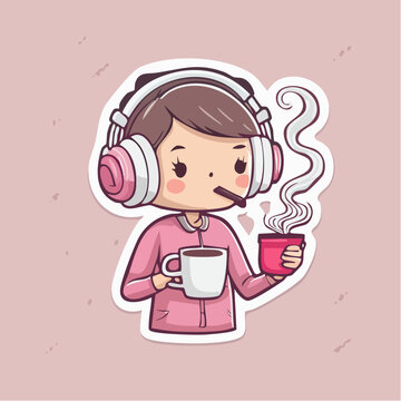 Cute Cartoon Character with Headphones and Coffee