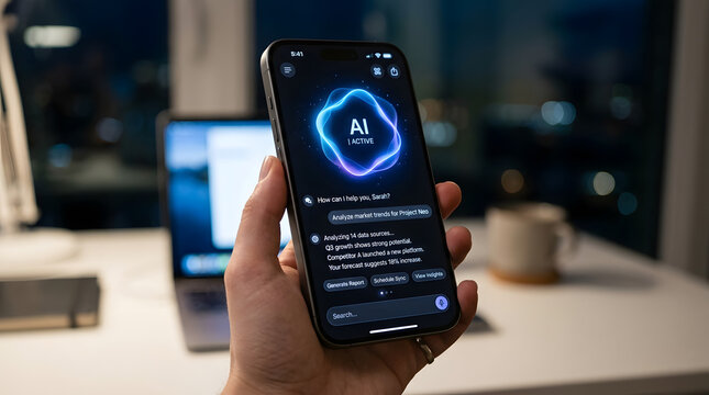 Smartphone displaying AI interface with artificial intelligence chatbot for financial insights and data analysis