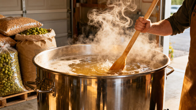 Brewing Process: A person stirs a large pot of bubbling liquid with a wooden spoon, surrounded by sacks of hops, capturing the traditional brewing process.
