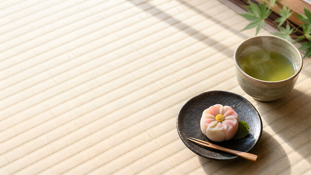 Sophisticated floral Wagashi and steaming green tea on textured background with serene copy space