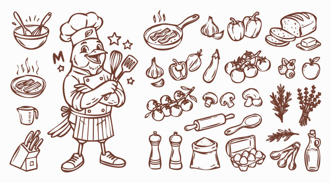 Vector doodle set of an American Robin bird chef mascot with a collection of kitchen tools and food ingredients.