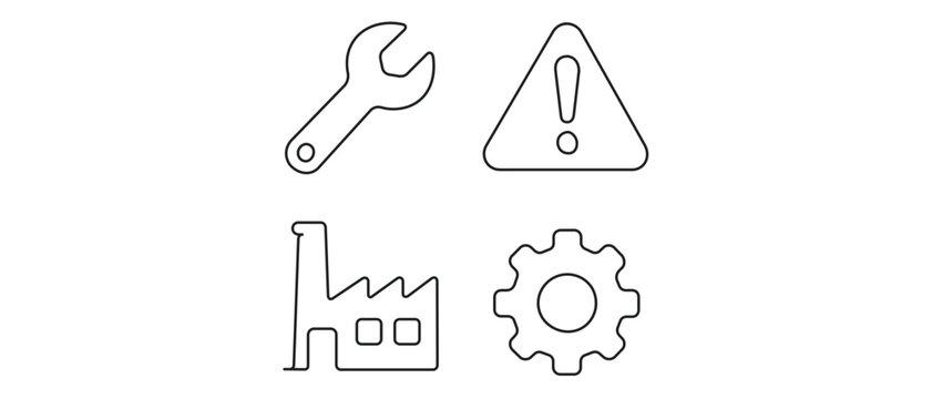 Industrial manufacturing and logistics vector icon set collection of 4 minimalist line icons including a wrench tool, warning alert sign, factory building, and mechanical gear for predictive
