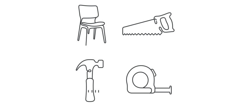 Continuous line art vector icon set collection of 4 minimalist symbols for furniture manufacturing and carpentry including a wooden chair, hand saw, hammer, and measuring tape for industrial use.