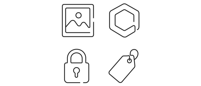 NFT Marketplace Vector Icon Set: Collection of 4 Minimalist Line Art Icons Featuring Digital Photo Frame, Blockchain Hexagon Token, Security Padlock, and E-commerce Price Tag for Web Design.